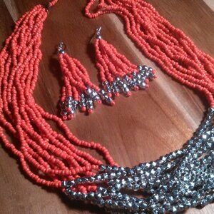 Red Seed Bead and Stainless Steel Multi-Strand Necklace and Dangle Earrings Set